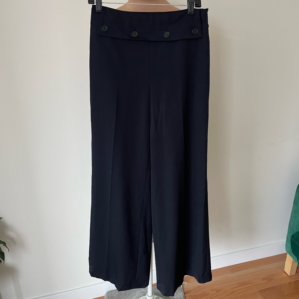 Akris Punto Wool Button Flap Wide Leg Navy Blue Trouser Pants EUC Size US 6 D 36